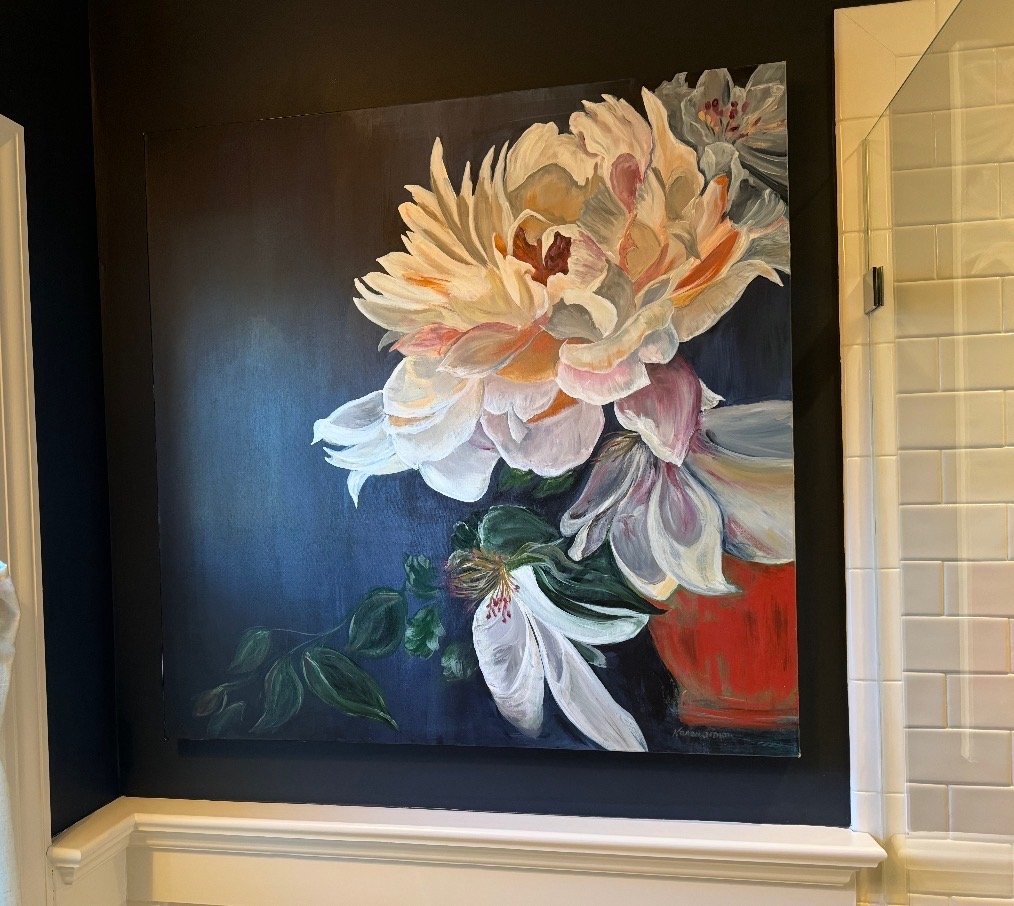 Peony painting installed in a home