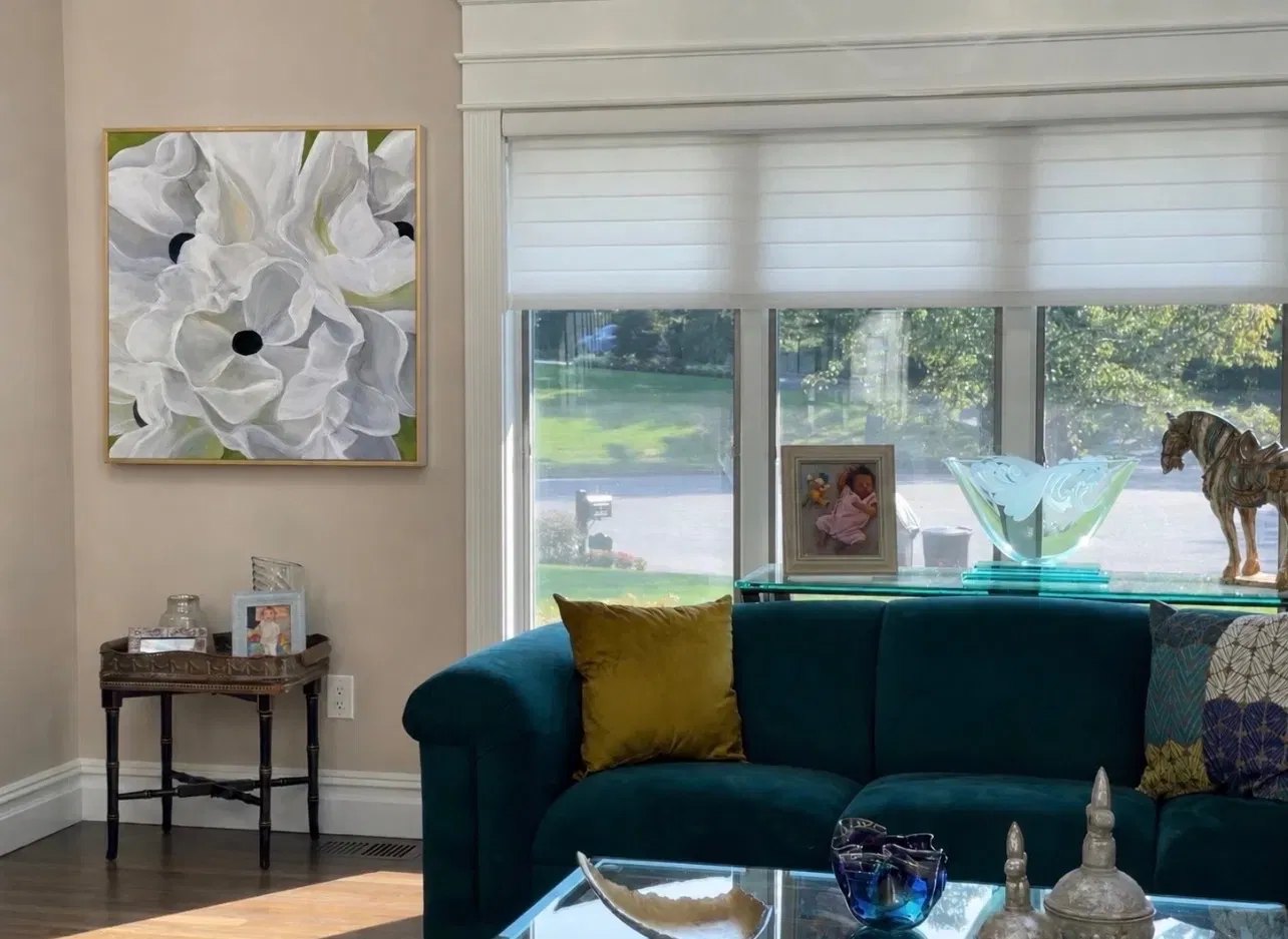 White floral painting in a living room