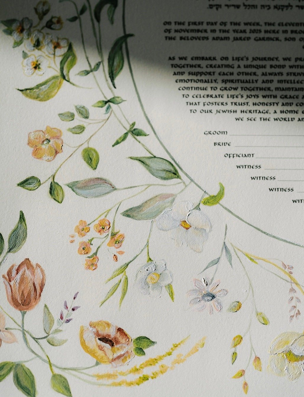 Hand-painted floral ketubah with signature lines, detail