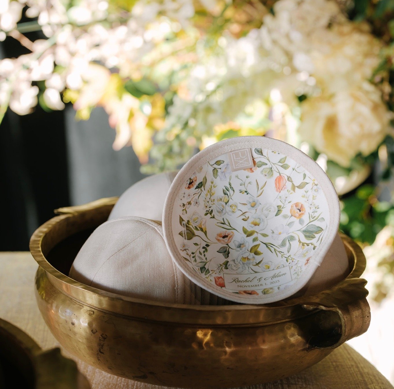 Custom floral kippot for a wedding