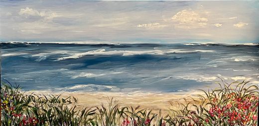 Coastal painting by Karen Simon — waves with beach grass and wildflowers in the foreground